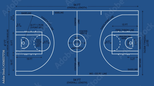 Technical blueprint diagram of a standard professional basketball court with measurements and markings.