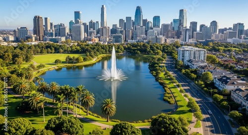 Scenic aerial of Melbourne's city skyline and Albert Park Lake featuring fountain trees and green spaces perfect for travel urban or nature themes
