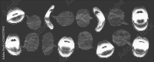 A collection of various human faces in different expressions and angles on a black background with white lighting effects.