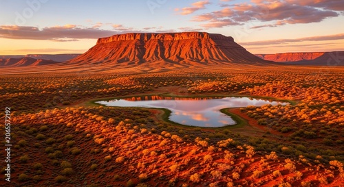 Serene desert landscape featuring a mesa and waterhole at sunset with warm vibrant colors creating a tranquil and picturesque scene