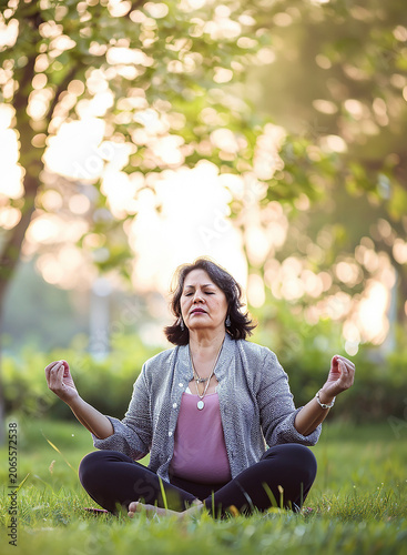 Mindful Connection: Middle-Aged Woman Meditating in the Park