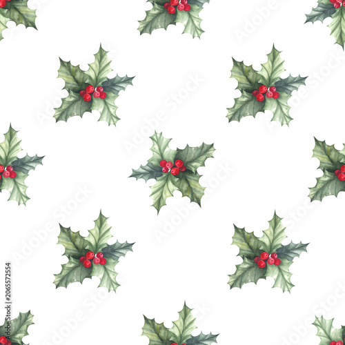 Seamless pattern with holly branches. Watercolor hand-painted botanical illustration. Isolated element on a white background. For wrapping paper, packaging. fabric, stationary, holiday decor.