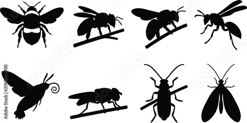 Konstfotografi Bees and Flying Insects Silhouette Vector Set Featuring Honeybee Wasp Bumblebee