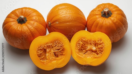Whole and halved orange pumpkins on a white background