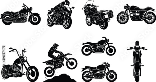 Quadro su tela Motorcycle Types and Motorbike Silhouette Vector Set Featuring Cruiser Sportbike