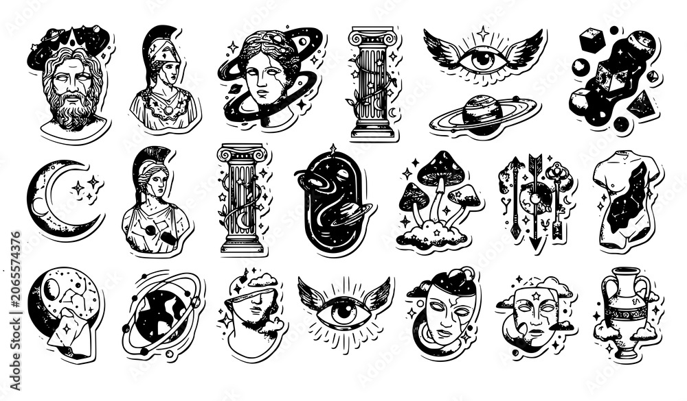 Fototapeta premium Abstract Greek statue and cosmic sticker pack vector psychedelic set