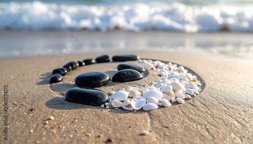 Zen arrangement of dark stones and white shells on a sandy beach with ocean waves in the background