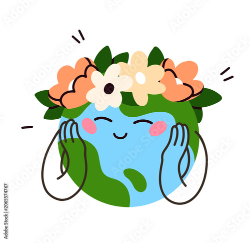 Cute Earth planet character with flower crown, happy smile. Funny globe with ...
