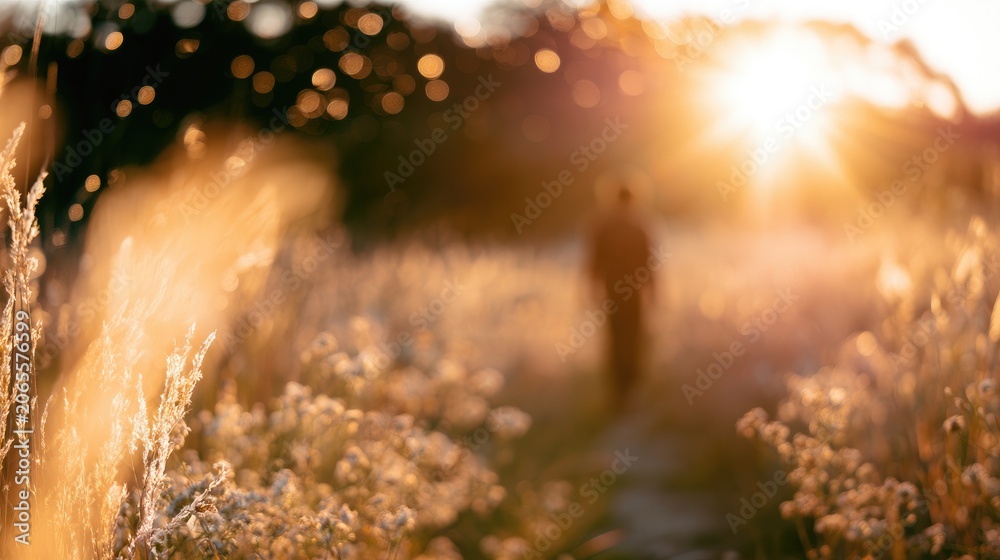 Fototapeta premium Lone figure walks through golden sun-drenched meadow at sunset