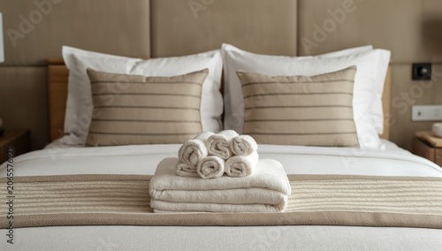 Refined lodging setting with ornamental towel display on well-made bed