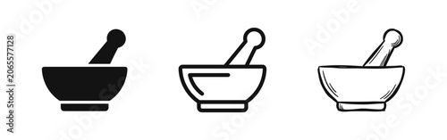 Foto Mortar and pestle icons in various styles, suitable for pharmacy, herbal, or cooking applications