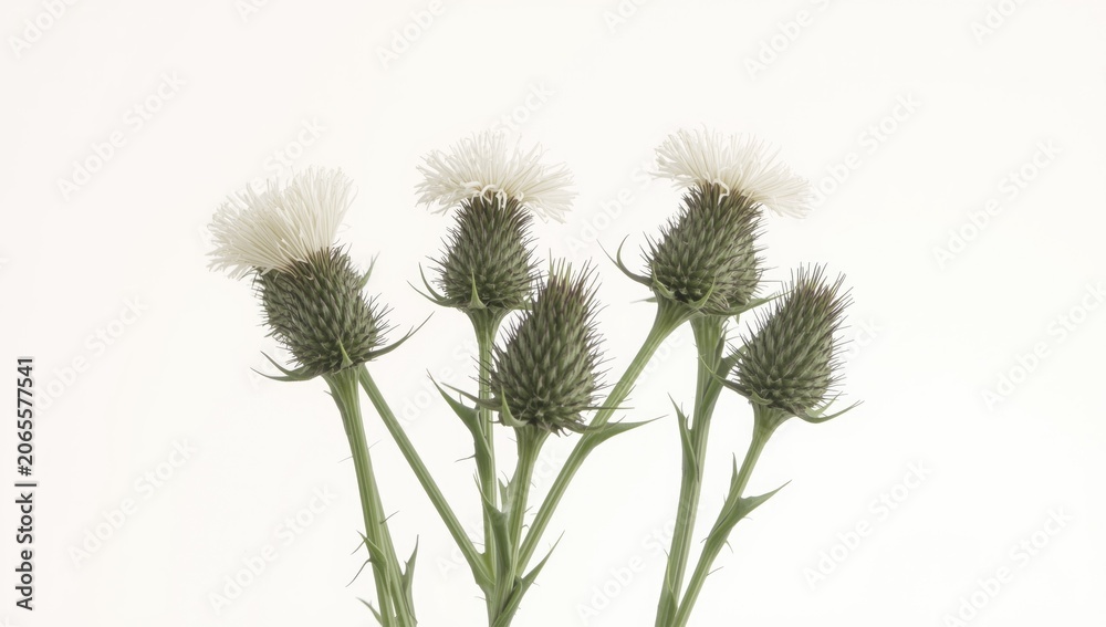 Obraz premium Thistle flowers with white fluffy blooms against white background