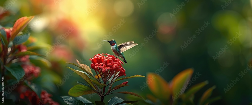 Fototapeta premium Hummingbird feeding on bright red flowers in a lush garden