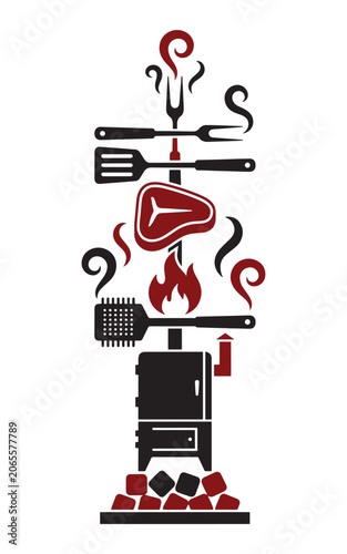 BBQ Grill Tools and Steak Flame Vector Illustration for Summer Barbecue Party Design