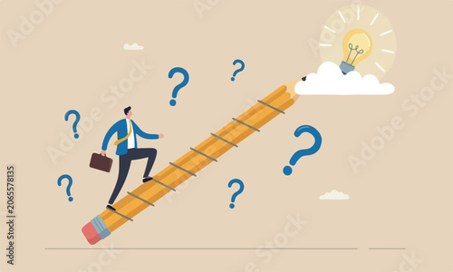 Tableau sur toile Creative innovativ concept, businessman creative guy climbing ladder built from
