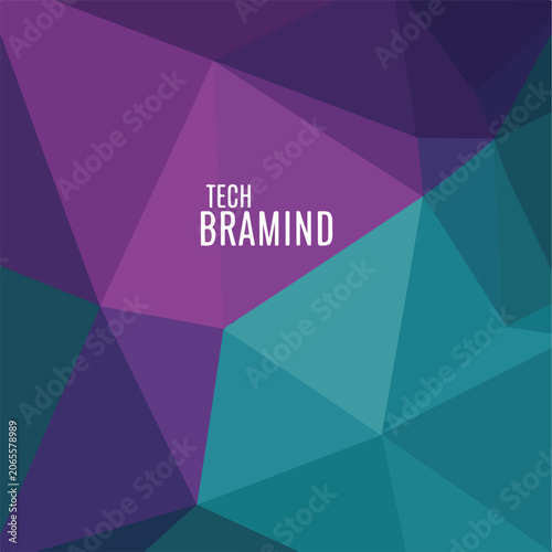 Geometric background with Tech Bramind logo, purple and blue polygons