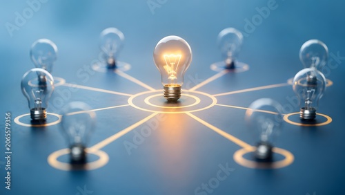 Network hub concept featuring a central glowing lightbulb connecting to unlit bulbs representing thought leadership and distribution of innovative ideas