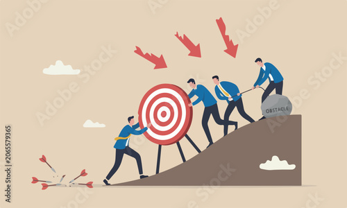 Missed targe meeting teams together obstacle to achieve target or set too high or unrealistic goal concept, businessman trying hard to push dartboard or arrow target up the hill