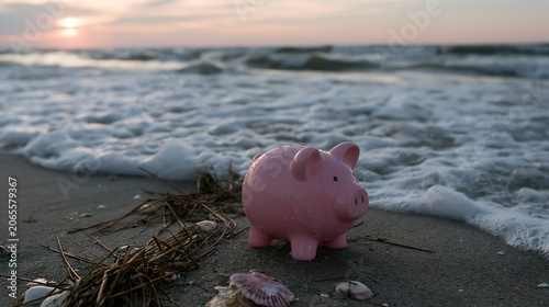pink piggy bank on sandy beach with waves, savings financial investment retirement concept