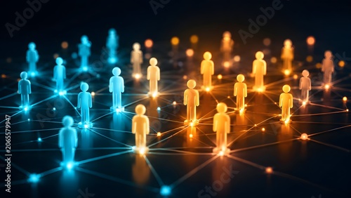 Global workforce integration concept showing interconnected glowing human figures merging on a digital network