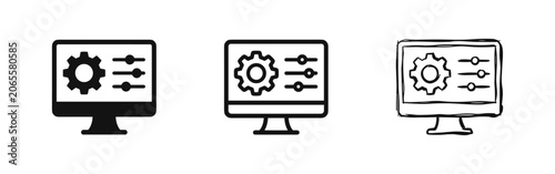 Quadro su tela Monitor Settings Icons Set - Computer Screen with Gear and Adjustments in Solid,