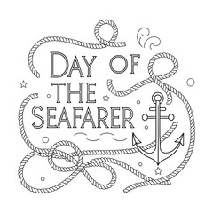Day of the seafarer coloring page with rope border and metal anchor.