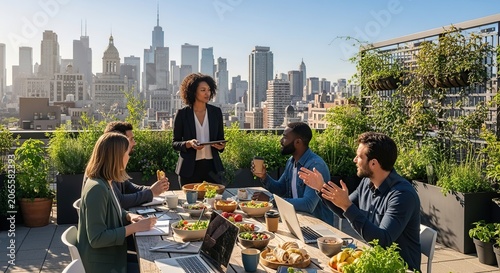Business team toasting on rooftop garden with city skyline