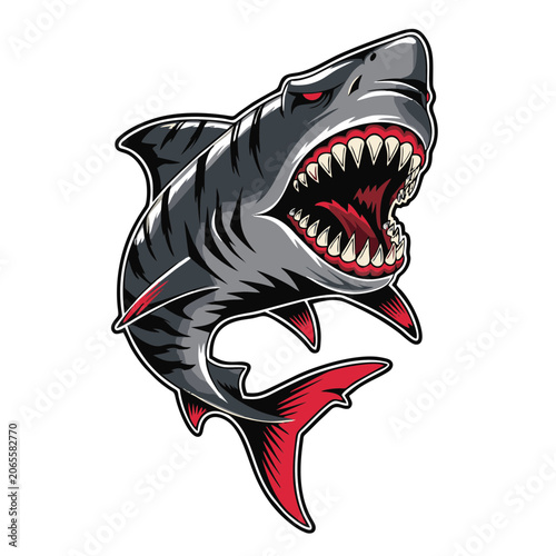 A savage tiger shark in side view with mouth fully open