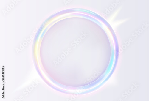 Holographic circular frame with iridescent glow, rainbow reflections. Vector background for design projects.