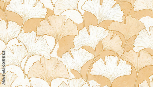 Ginkgo leaf pattern seamless beige white botanical background delicate organic line art illustration wallpaper