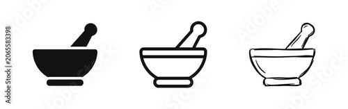 Bild auf Leinwand Mortar and pestle icon set in solid line and hand drawn styles for pharmacy medi