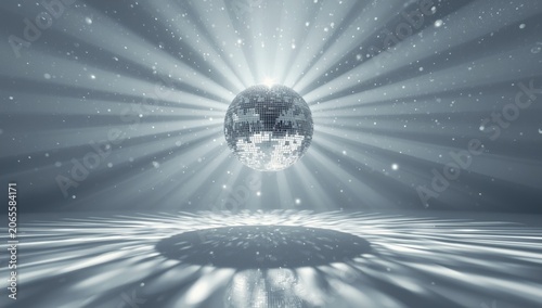 Luminous disco ball generating sparkling light rays and soft shadow contrasts on a white surface