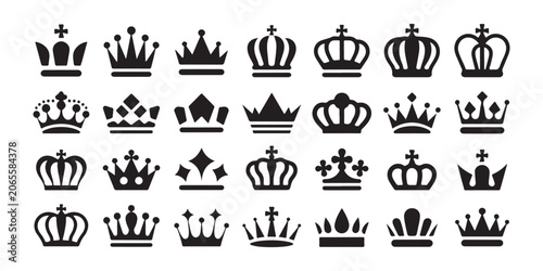 Canvastavla Set of 24 black royal crowns isolated on transparent background, flat style vector illustration