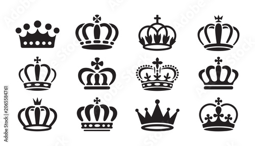 Fényképezés Set of 12 elegant black royal crowns isolated on transparent background, vector flat style collection