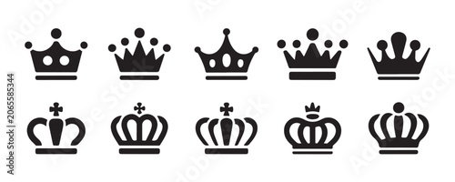 Foto Set of black vector crown icons on transparent background for royal heraldic design projects