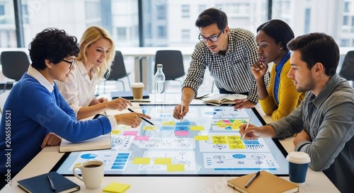 Diverse team collaborating on strategic planning in modern office