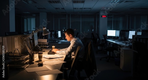 Late Night Office Work in Dimly Lit Cubicle