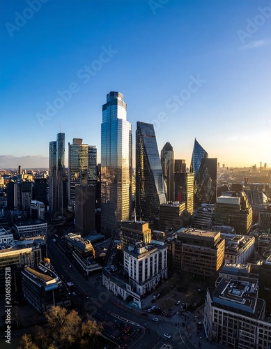 Modern Glass Skyscrapers Rising Above Dense Urban District at Golden Hour