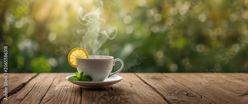 Steaming cup of tea with le...