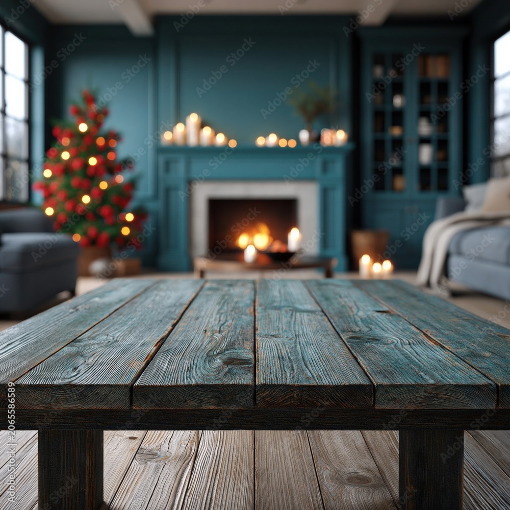 Obraz premium Rustic wooden table facing fireplace in decorated living room