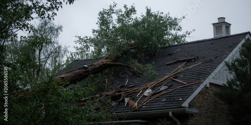 Tree fallen on damaged roof...