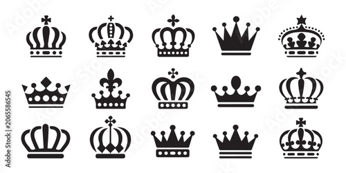 Canvastavla Set of 15 black crown icons on transparent background suitable for web design or logo