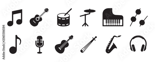 Music instrument icons set featuring ukulele drums piano and saxophone for creative design project.