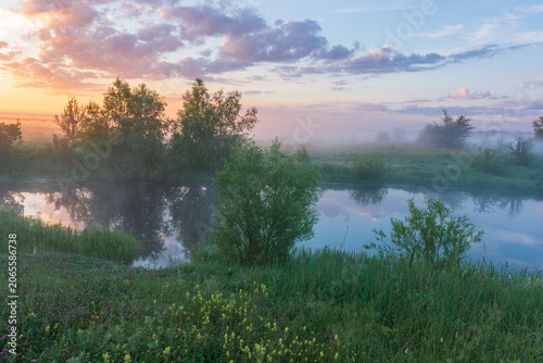 a serene sunrise over a misty river. Soft morning light illuminates the lush green meadow and trees, creating a peaceful and dreamy atmosphere in nature
