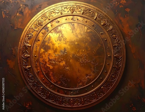 Ornate Aged Bronze Circular Plaque Displayed on Dark Textured Background