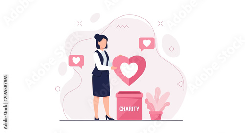 Woman Donating Heart Symbol to Charity Box - Vector Illustration Concept