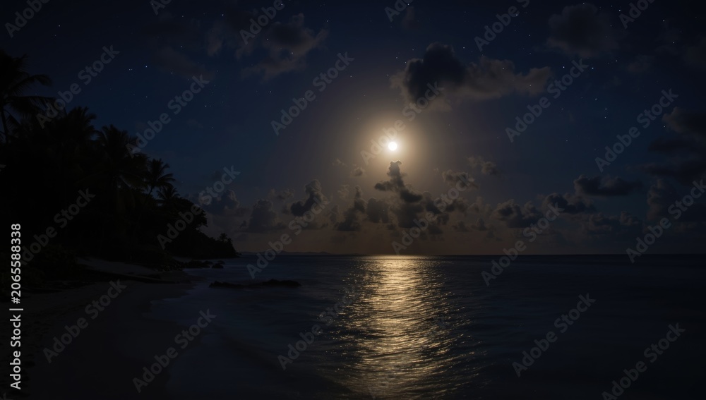 Fototapeta premium Night ocean view with tropical beach and luminous full moon