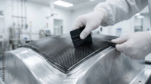 Professional worker applying carbon fiber material to a metal mold in a sterile laboratory.