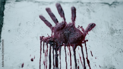 Bloody handprint dripping down a textured white wall, ominous