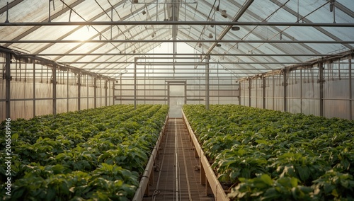 Greenhouse with rows of gro...